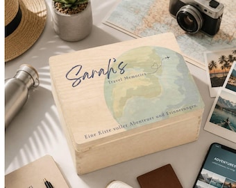 Personalisierte Holzkiste Reise Erinnerungsbox | Travel Memories Box | Holzbox mit Deckel | Geschenk für Weltenbummler