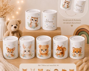 Personalisierte Spardose Kinder | Sparbüchse mit Name & Geburtsdaten | Tiermotiv | Geschenk zur Geburt oder Taufe | Geldgeschenk