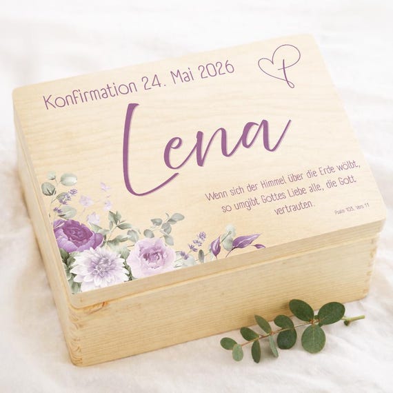 Konfirmation Geldgeschenk Holzbox personalisiert mit Name | Lila Blumen Design mit Bibelvers | Geschenk Mädchen | Geldbox Erinnerung