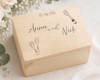 Personalisierte Hochzeitsbox aus Holz | Erinnerungskiste Hochzeit mit Namen & Datum | Geschenk Brautpaar | Geldgeschenk Trauung