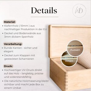 May include: A light-colored wooden box with a hinged lid, showcasing the details of its construction. The text "Details" is at the top. The box is made of pine wood and plywood. The box has rounded edges and is printed with UV-resistant ink.