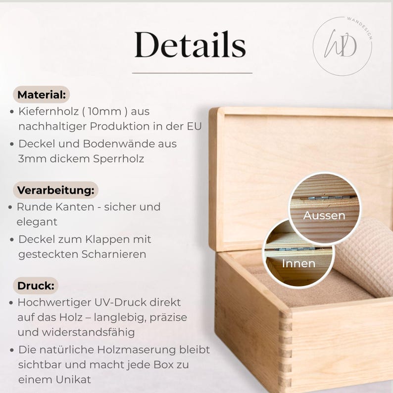 May include: A light-colored wooden box with a hinged lid, showcasing the details of its construction. The text "Details" is at the top. The box is made of pine wood and plywood. The box has rounded edges and is printed with UV-resistant ink.