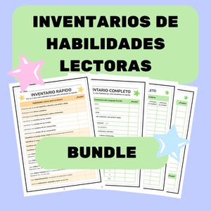 Puede incluir: Un conjunto de formularios de evaluación de habilidades de lectura en español. Los formularios incluyen el título "INVENTARIOS DE HABILIDADES LECTORAS" y la palabra "BUNDLE" en una pancarta verde. Sobre un fondo azul claro, con estrellas rosas y azules.