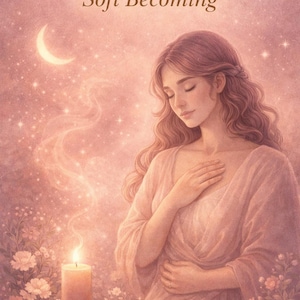 Könnte beinhalten: Eine digitale Illustration mit dem Text Dream Body Spell Soft Becoming über einer Person mit langem, welligem Haar in einem hellrosa Gewand, neben einer brennenden Kerze, blühenden Blumen und einem Halbmond am Sternenhimmel.