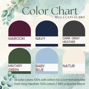 K&ouml;nnte beinhalten: Farbtabelle mit sechs Stoffmustern: Burgunderrot, Marineblau, Dunkelgrau-Melange, Milit&auml;rgr&uuml;n, Babyblau und Natur. Der Text "Color Chart" und "BELLA CANVAS 3001" steht oben. Der Text darunter gibt die Stoffzusammensetzung an.
