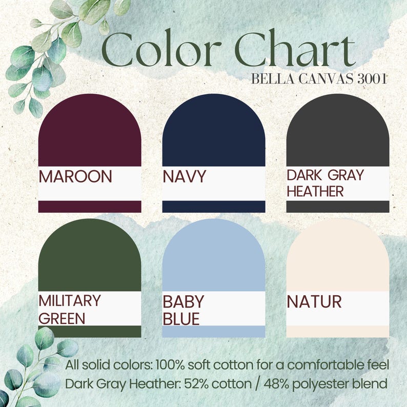 K&ouml;nnte beinhalten: Farbtabelle mit sechs Stoffmustern: Burgunderrot, Marineblau, Dunkelgrau-Melange, Milit&auml;rgr&uuml;n, Babyblau und Natur. Der Text "Color Chart" und "BELLA CANVAS 3001" steht oben. Der Text darunter gibt die Stoffzusammensetzung an.