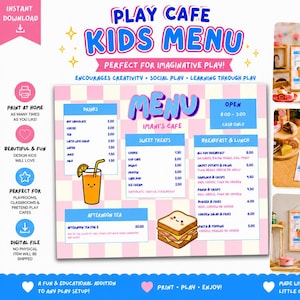 May include: A printable menu for a play cafe featuring a pink and white checkered background with blue text boxes. The menu lists drinks, sweet treats, breakfast, lunch, and afternoon tea items, accompanied by illustrations of a juice and a sandwich.
