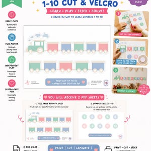 Könnte beinhalten: Ein ausdruckbares Lernaktivitätsblatt mit dem Titel Counting Train 1-10 Cut & Velcro. Das Set enthält eine Zuglokomotive mit leeren Waggons, nummerierte Kreise von 1 bis 10 sowie Anleitungen zum Ausschneiden, Laminieren und Anbringen von Klettpunkten.