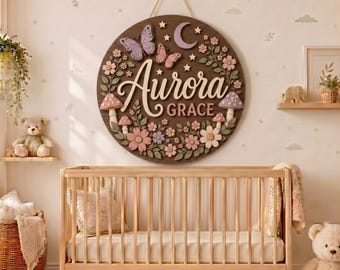 Personalized Wooden Name Sign, Floral Butterfly Nursery Wall Decor, Custom Round Baby Girl Plaque, Woodland Door Sign