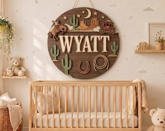 Personalized Wooden Name Sign, Custom Western Name Sign, Cowboy Nursery Wall Decor, Round Wood Baby Name Sign, Cactus Desert Room Decor