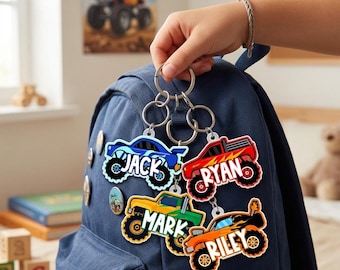 Monster Truck Backpack Name Tag, Custom Name Keychain for Boys, Kids School Bag Tag, Lunchbox Tag, Back to School Gift