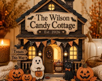 Personlig Halloween-godisstugahylla, anpassad familjegodisdekoration, träspökkattmantelskylt, höstpresent till veranda