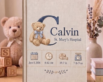 Personalized Baby Birth Stats Photo Album, Hand Embroidered Teddy Baby Memory Book, Custom Newborn Keepsake, Baby Boy Gift