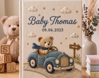 Personalized Embroidered Baby Memory Book, Teddy Bear Car Baby Album, Custom Baby Keepsake Book, Vintage Linen Photo Album Gift