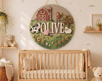 Personalized Wooden Name Sign, Custom Farm Animal Name Sign, Round Wood Baby Name Sign, Farm Nursery Wall Decor, Baby Room Decor
