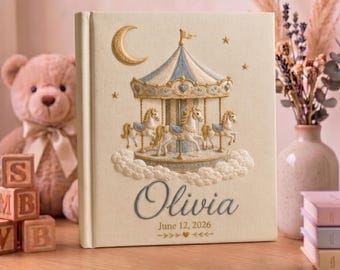 Hand Embroidered Baby Memory Book, Personalized Carousel Baby Photo Album, Custom Name Keepsake Book, Newborn Gift, Baby Shower Gift