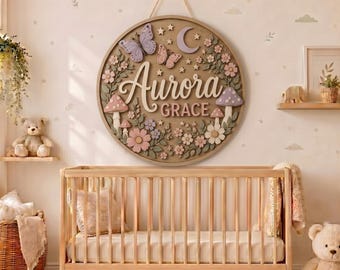 Personalized Wooden Name Sign, Floral Butterfly Nursery Wall Decor, Woodland Baby Girl Name Plaque, Custom Round Door Sign
