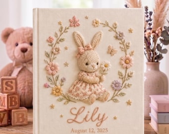 Personalized Baby Photo Album, Hand Embroidered Bunny Baby Memory Book, Custom Baby Girl Keepsake, Newborn Gift, Baby Shower Gift