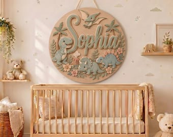 Personalized Wooden Name Sign, Dinosaur Nursery Wall Decor, Custom Round Baby Name Plaque, Dino Kids Room Door Sign