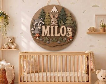 Personalized Wooden Name Sign, Woodland Animal Nursery Wall Decor, Custom Round Baby Name Plaque, Forest Kids Room Sign