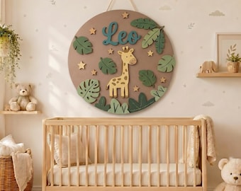 Personalized Giraffe Nursery Name Sign, Wooden Safari Baby Name Sign, Custom Jungle Nursery Wall Decor, Baby Shower Gift, Boy Nursery Decor