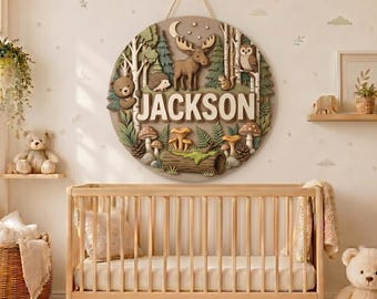 Personalized Wooden Name Sign, Custom Woodland Name Sign, Forest Nursery Wall Decor, Round Wood Baby Name Sign, Deer Hedgehog Room Decor