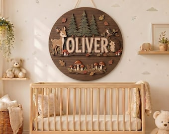 Personalized Wooden Name Sign, Custom Woodland Name Sign, Forest Nursery Wall Decor, Round Wood Baby Name Sign, Deer Hedgehog Room Decor