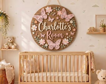 Personalized Wooden Room Sign, Butterfly Floral Name Plaque, Girls Nursery Wall Decor, Custom Round Door Sign, Baby Gift