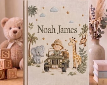 Personligt fotoalbum för safaribebisar, handbroderat minnesalbum för bebisar, djungelminnessak för barn, babyshowerpresent till pojke