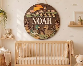 Personalized Wooden Nursery Name Sign, Duck Nursery Wall Decor, Custom Baby Name Sign, Woodland Pond Theme Baby Room Decor, Boy Nursery Gift