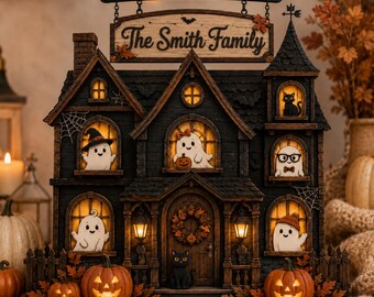 Personlig Halloween-skylt för spökhus, anpassad familjespökhylla, läskig manteldekor i trä, höstpresent till verandan