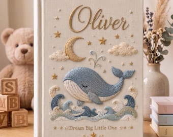 Personalized Baby Photo Album, Embroidered Whale Memory Book, Custom Linen Keepsake Album, Ocean Baby Scrapbook Gift