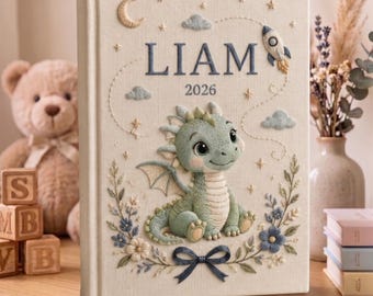 Hand Embroidered Baby Photo Album, Personalized Dragon Baby Memory Book, Custom Name Fantasy Nursery Keepsake, Linen Baby Album, Baby Gift