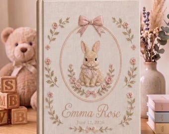 Personligt handbroderat fotoalbum för bebisar, minnesbok för kaninbebisar, namnpresent, babyshowerpresent, album för första året