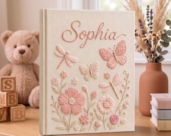 Personalized Baby Girl Photo Album, Hand Embroidered Floral Butterfly Memory Book, Custom Kids Keepsake Album, Girl Photo Album Gift