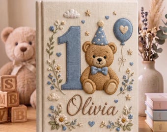 Hand Embroidered Baby Photo Album, Personalized First Birthday Teddy Bear Album, Custom Name Baby Memory Book, Linen Nursery Keepsake