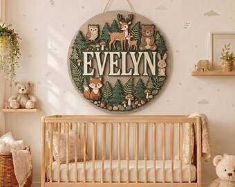 Personalized Wooden Name Sign, Custom Woodland Animal Name Sign, Round Wood Baby Name Sign, Forest Nursery Wall Decor, Baby Room Decor