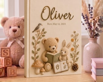 Personalized Baby Photo Album, Hand Embroidered Baby Memory Book, Custom Woodland Baby Keepsake Album, Newborn Gift, Baby Shower Gift