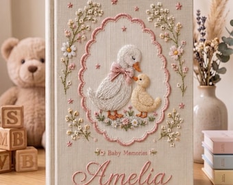 Personalized Baby Photo Album, Embroidered Duck Memory Book, Custom Linen Keepsake Album, Floral Baby Scrapbook Gift