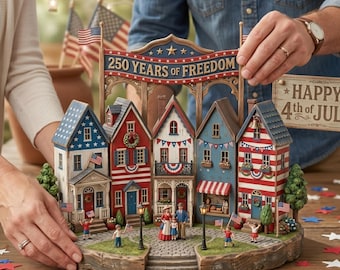 America 250th Anniversary Village Decor, Patriotic Mini House Scene, 1776-2026 Independence Day Shelf Display, Americana 4th of July