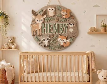 Personalized Wooden Name Sign, Custom Woodland Animal Name Sign, Round Wood Baby Name Sign, Forest Nursery Wall Decor, Baby Room Decor