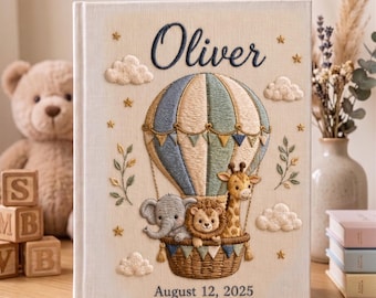 Personalized Embroidered Baby Photo Album, Hot Air Balloon Safari Memory Book, Custom Name Date Linen Keepsake Album