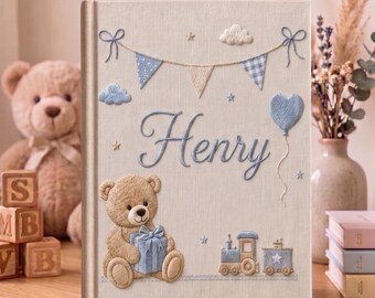 Personalized Baby Photo Album, Hand Embroidered Teddy Baby Memory Book, Custom Name Keepsake, Baby Shower Gift