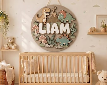 Personalized Wooden Name Sign, Custom Dinosaur Name Sign, Dino Nursery Wall Decor, Round Wood Baby Name Sign, Baby Boy Room Decor