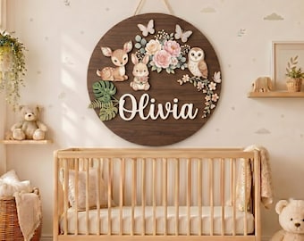 Personalized Wooden Name Sign, Custom Woodland Name Sign, Floral Nursery Wall Decor, Round Wood Baby Girl Name Sign, Bunny Owl Room Decor