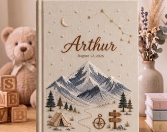 Hand Embroidered Baby Photo Album,Personalized Mountain Adventure Baby Book,Custom Name Nursery Keepsake, Linen Baby Memory Album, Baby Gift