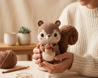 Virkad ekorre plysch, Amigurumi skogsdjur, söt ekollon gosedjur, handgjord skogsbarnrumsdekor, present till barn, höstvirkad present