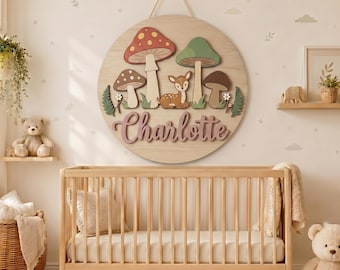 Personalized Woodland Nursery Name Sign, Wooden Mushroom Baby Name Sign, Custom Deer Nursery Wall Decor, Baby Room Decor, Baby Shower Gift