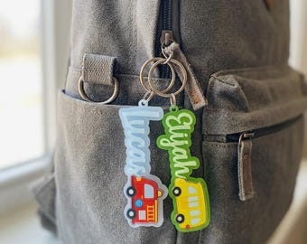 Personalized Acrylic Backpack Name Tag, Custom Kids Bag Keychain with Vehicle or Dinosaur Icon, Back to School Gift for Boys Girls