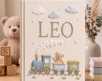 Hand Embroidered Baby Photo Album, Personalized Train Baby Memory Book, Custom Name Teddy Bear Nursery Keepsake, Linen Baby Album, Baby Gift